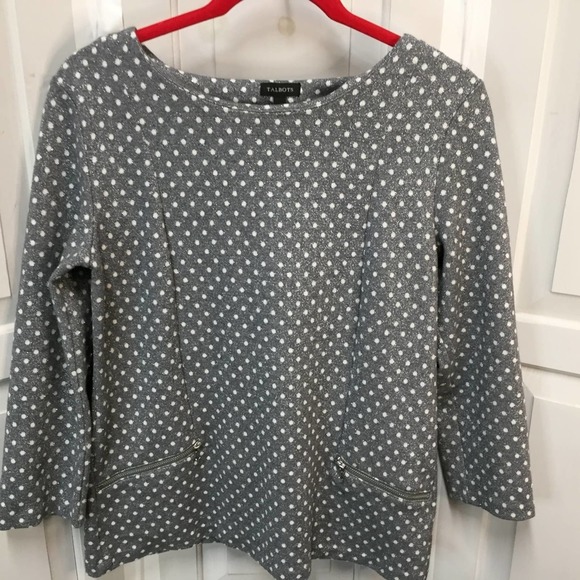 Talbots Gray & White Polka Dot Top w/ Silver Metallic Sparkle - Picture 2 of 16